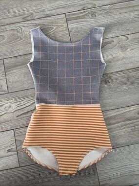 Seea Kids One Piece Swimsuit in Gray and Orange Stripe